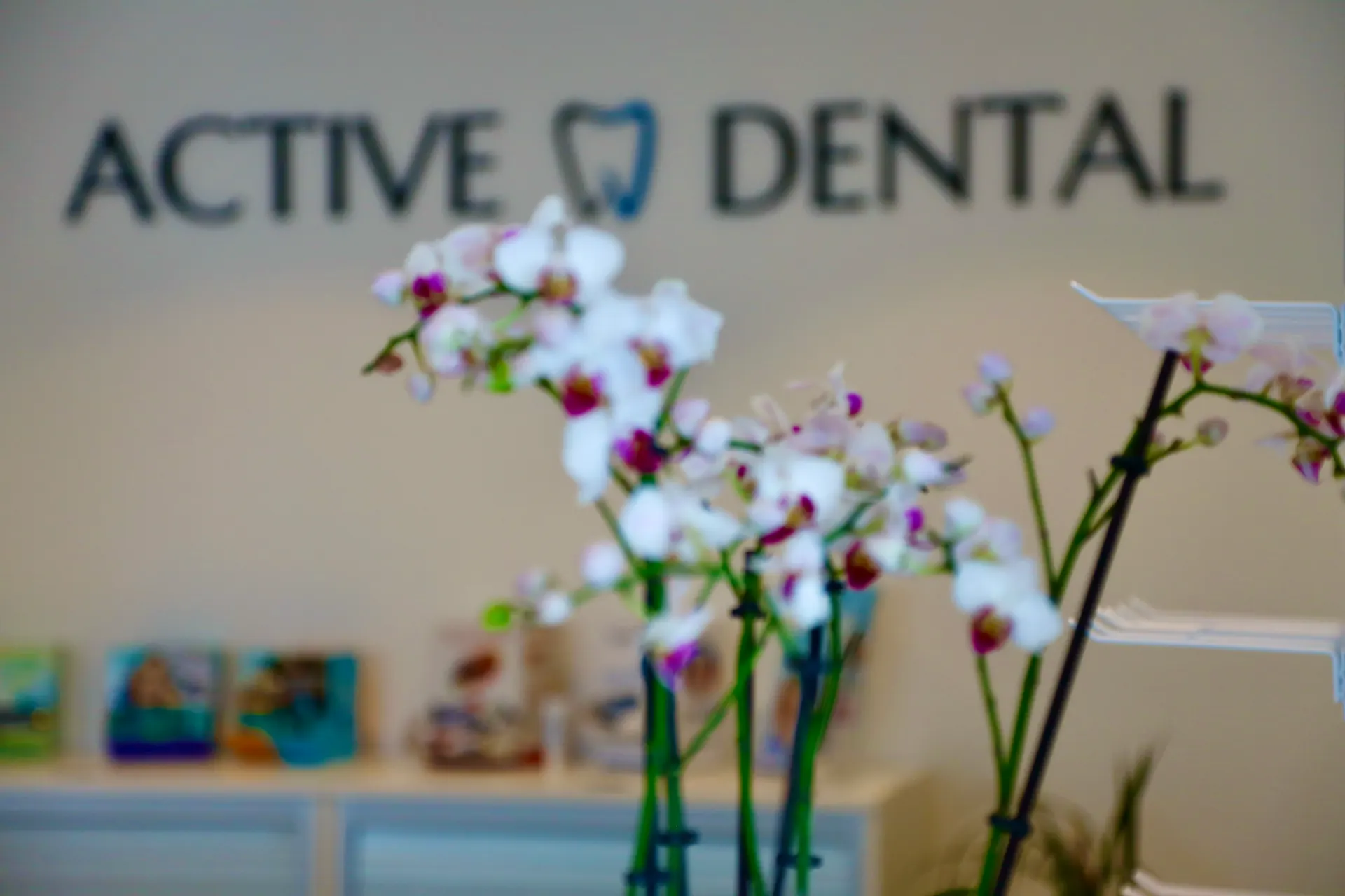 Orkidéer framför Active Dentals logotyp i kliniken i Jakobsberg
